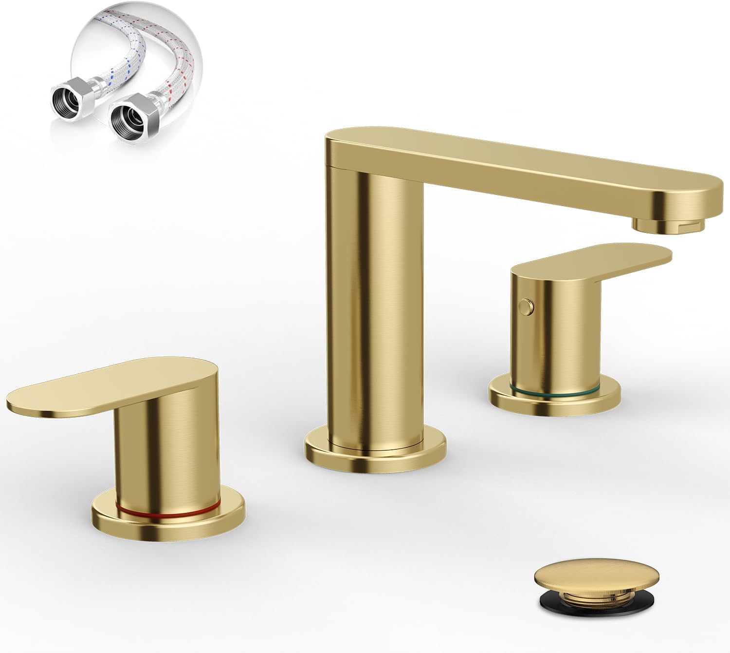 BWE Brushed Gold Bathroom Faucet 3 Hole, 8 Inch Widespread Gold Bathroom Faucets with Pop-up Drain and Supply Lines, 360° Swivel Spout 2-Handle Sink Faucet for Bath Vanity