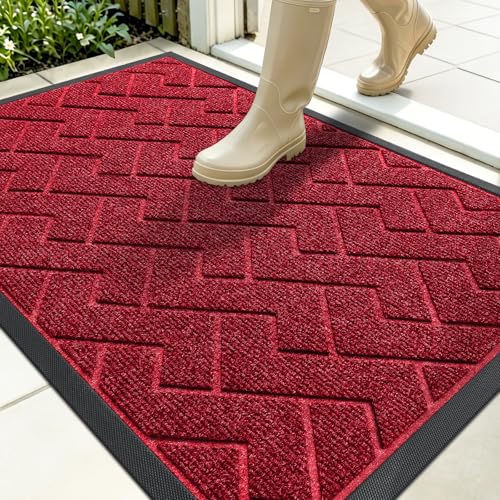 Image of OLANLY Front Door Mat Indoor Outdoor Entrance, Waterproof All-Season, All-Weather Doormat, Sturdy Natural Rubber, Low Profile, Easy Clean Patio Porch Entryway Mat, Herringbone Brick (Wine Red, 35x23)