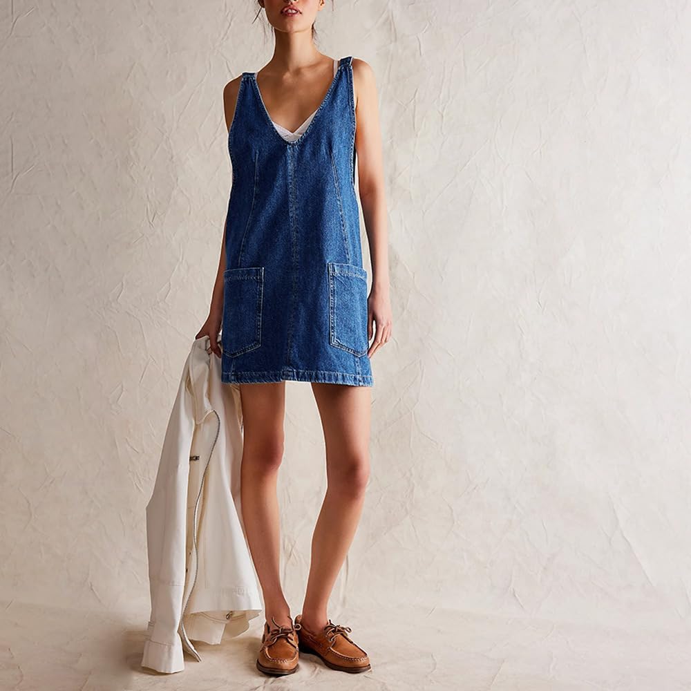 yoeasy Women's V Neck Sleeveless Denim Overall Dress Adjustable Strap Summer Mini Pinafore Jean Dress with Pockets - Image 5
