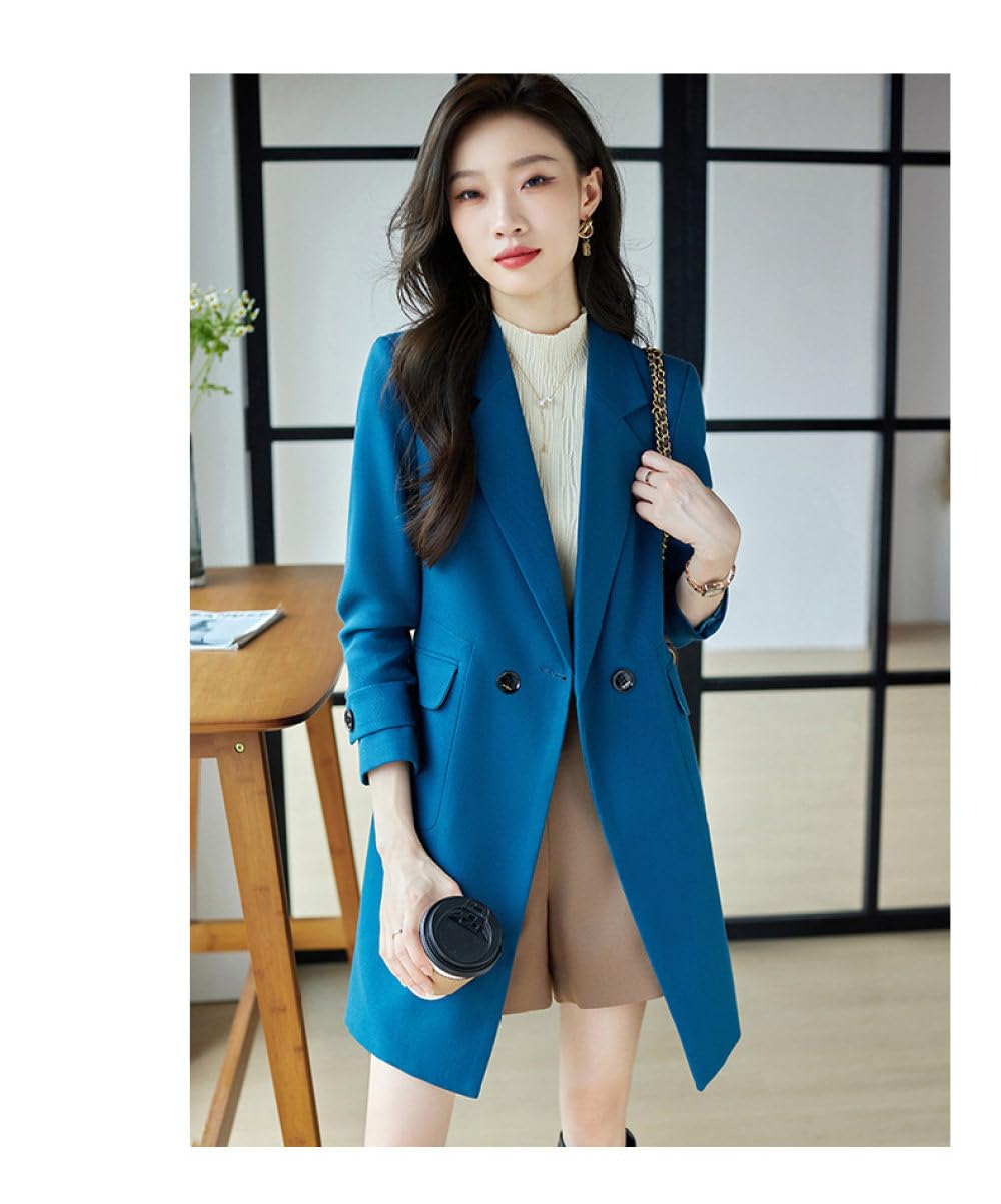 Mittellanger Slim Fit Blazer Für Damen,Blau,Nothced Revers Zweireiher Blazer,Modisch,Langärmelig,Herbst Übergangsjacke,Elegante Büro Oberbekleidung Mit Taschen