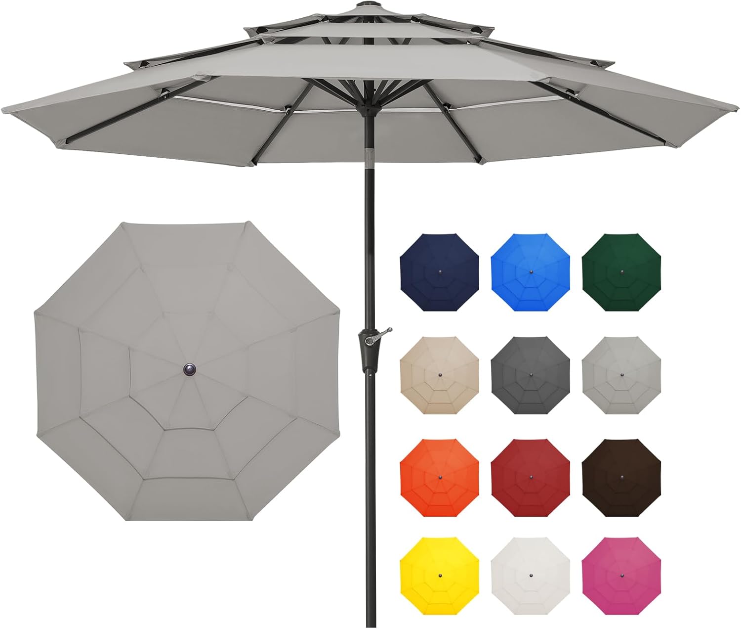 JEAREY 9FT 3 Tier Patio Umbrella Outdoor Market Umbrella Table Umbrellas with 8 Ribs 1.5 Pole Push Button Tilt and Crank UV Protection for Garden,Backyard,Pool,Light Gray INCOMPLETE
