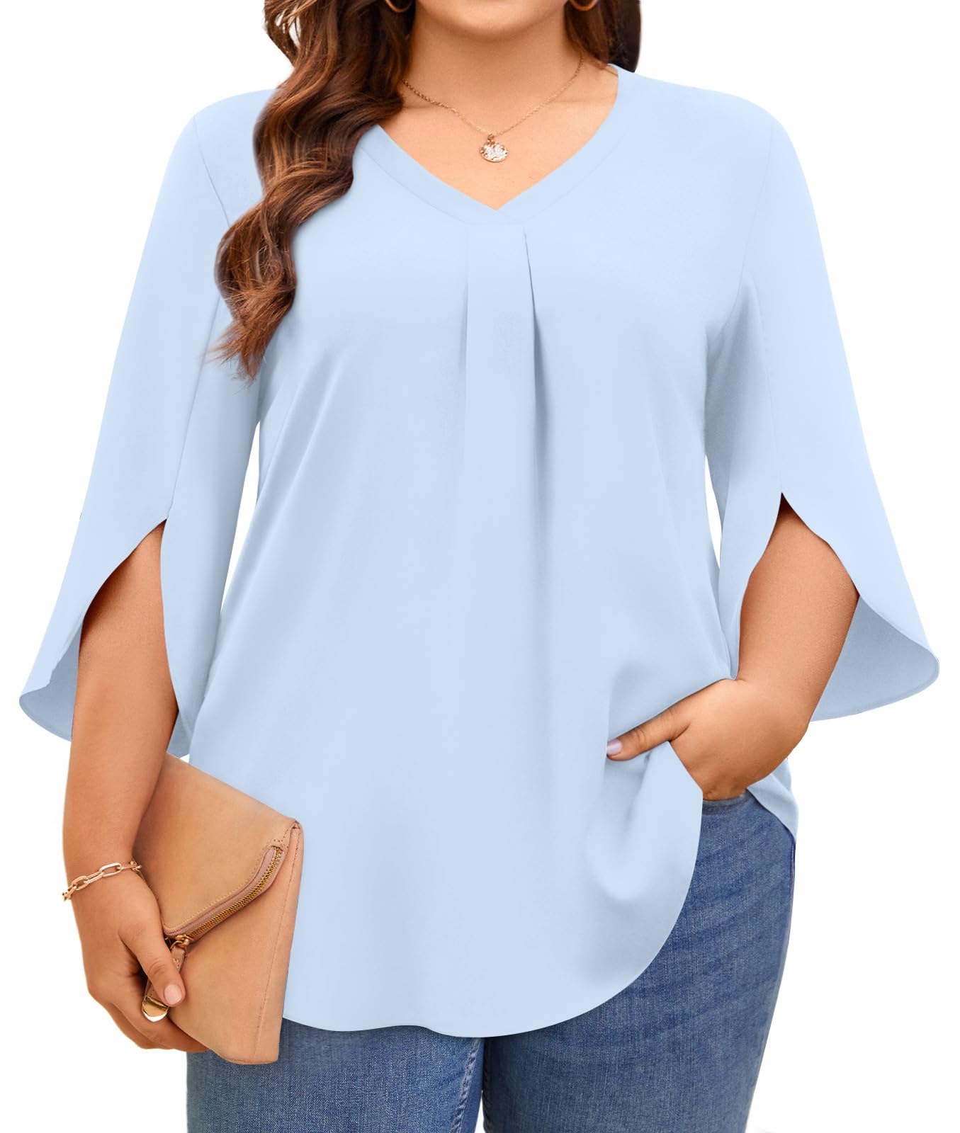 Aodemo Womens Plus Size Tops 3/4 Sleeve Dressy Chiffon Blouse Summer Work Tunic Casual Flowy Shirt M-5XL