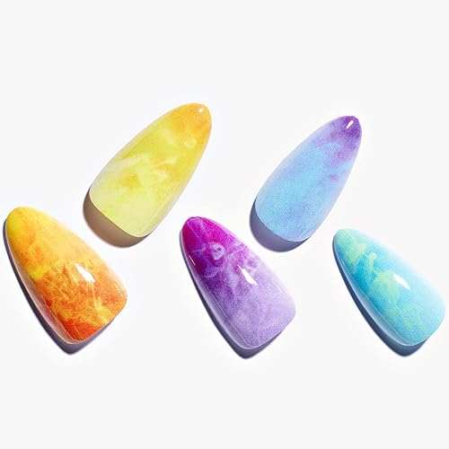 GLAMERMAID Uñas postizas a presión de color almendra mediana, coloridas, punta francesa, degradado, pegamento en uñas, brillante, corto, stiletto,