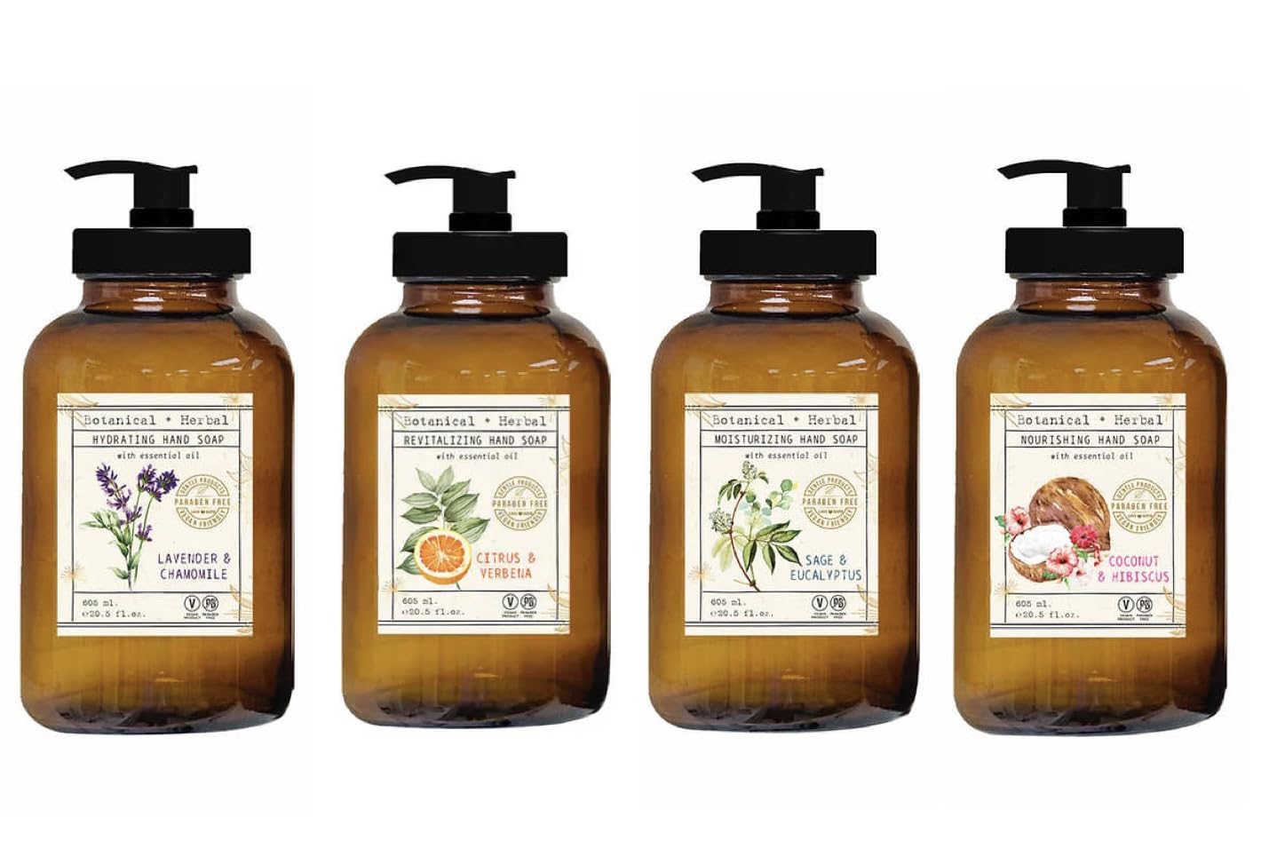 Home and Body Company | Apothecary 101 | 4 Hand Soaps | Hand Wash Ultra Moisturizing Formula in Glass Bottles (Sage/Eucalyptus, Coconut/Hibiscus, Lavender/Chamomile, Citrus/Verbena)