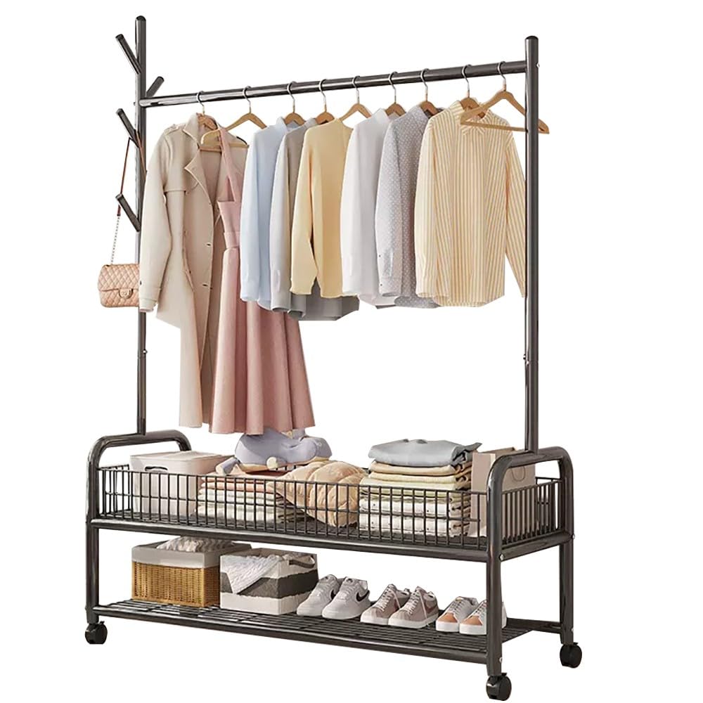 FGXHHS Industrial Coat Rack Stand with Shoe Storage, Steel Frame Hall Tree Hooks & Shelves, Mobile Clothes on Castors, 90/120CM x 35CM 176CM, Supports 100kg, Perfect for Hallway