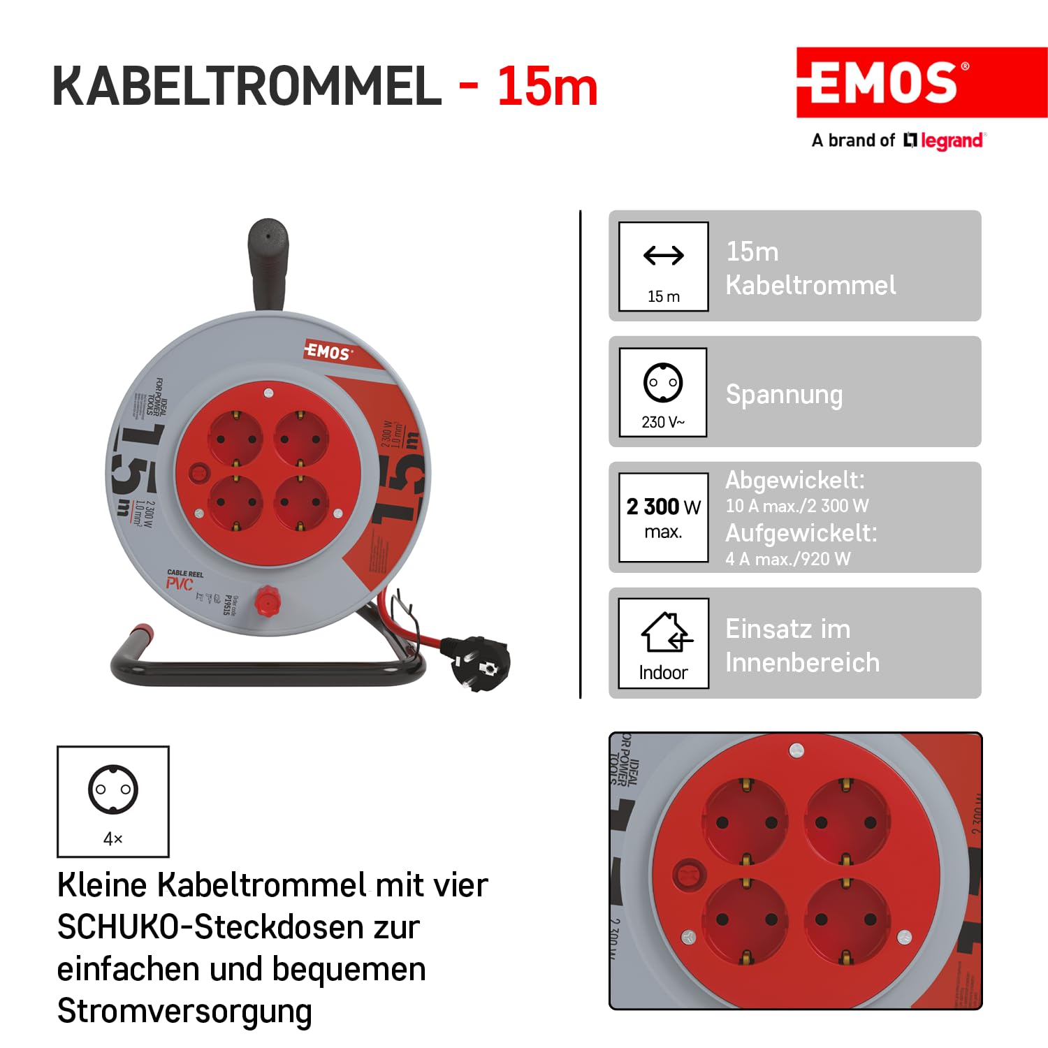 EMOS - Avvolgicavo 15 m - 4 prese Schuko - 230 V, 10 A, 2300 W - isolamento in PVC di alta qualità - H05VV-F3G 1,0 mm2 - protezione contro il surriscaldamento, freno bobina - IP20 per interni