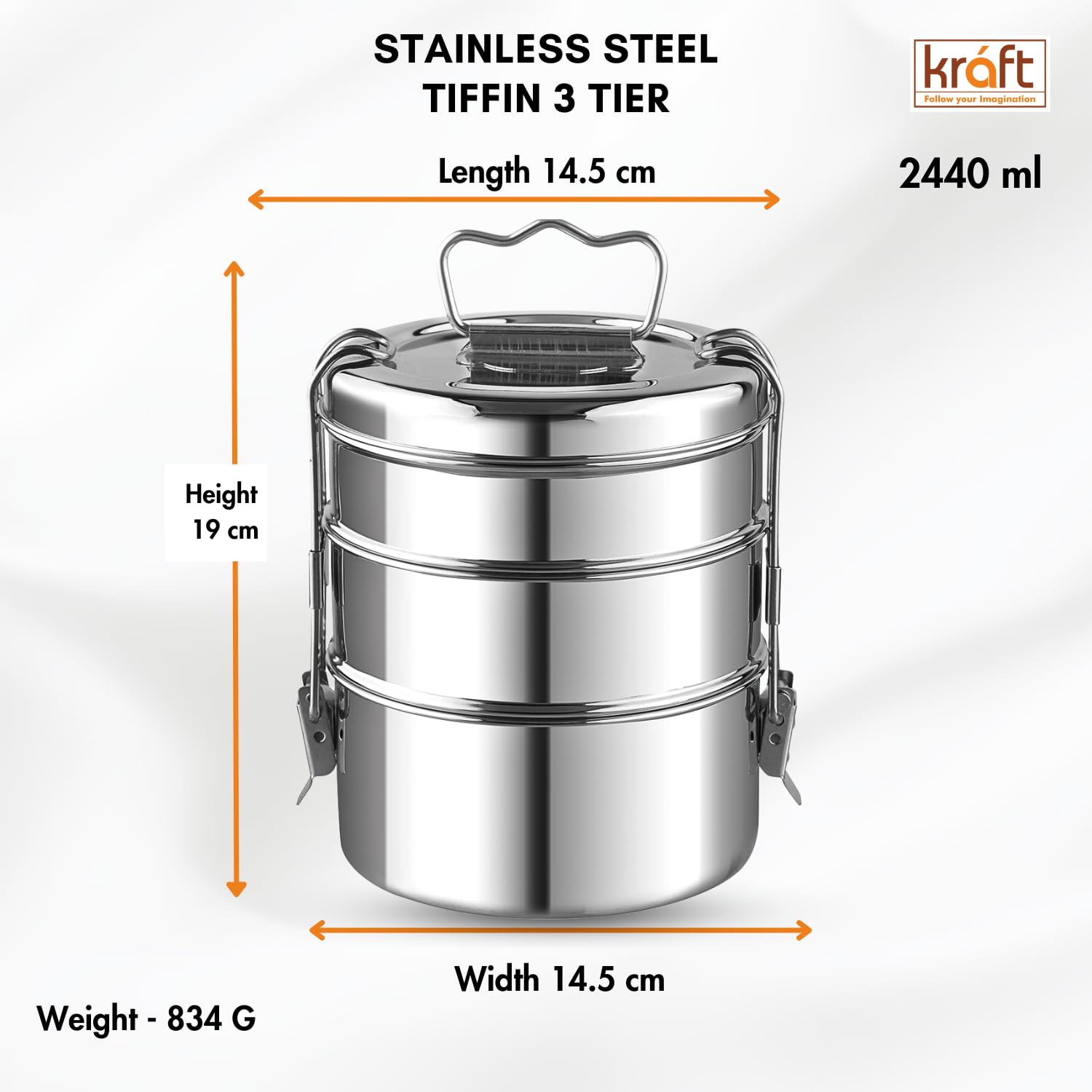 Kraft - Fiambrera de acero inoxidable con 3 compartimentos y asa, 2440 ml, con tapa, a prueba de fugas, para oficina, escuela, contenedor de alimentos, ideal para hombres y mujeres, color plateado