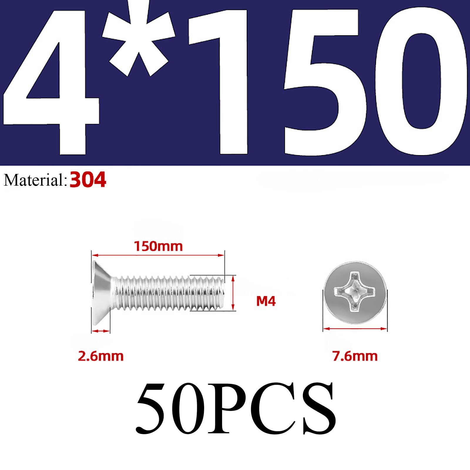 Tornillos para metales, tornillos de cabeza plana, Pack Of 50 M4x(110-150) mm Flat Countersunk Head Machine Screws Phillips Drive 304 Stainless Steel Full Thread(M4*150 50)