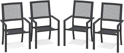 Vista 23 de AECOJOY Sillas de comedor de metal para exteriores, 2 piezas de sillas de comedor para patio al aire libre con reposabrazos, sillas apilables