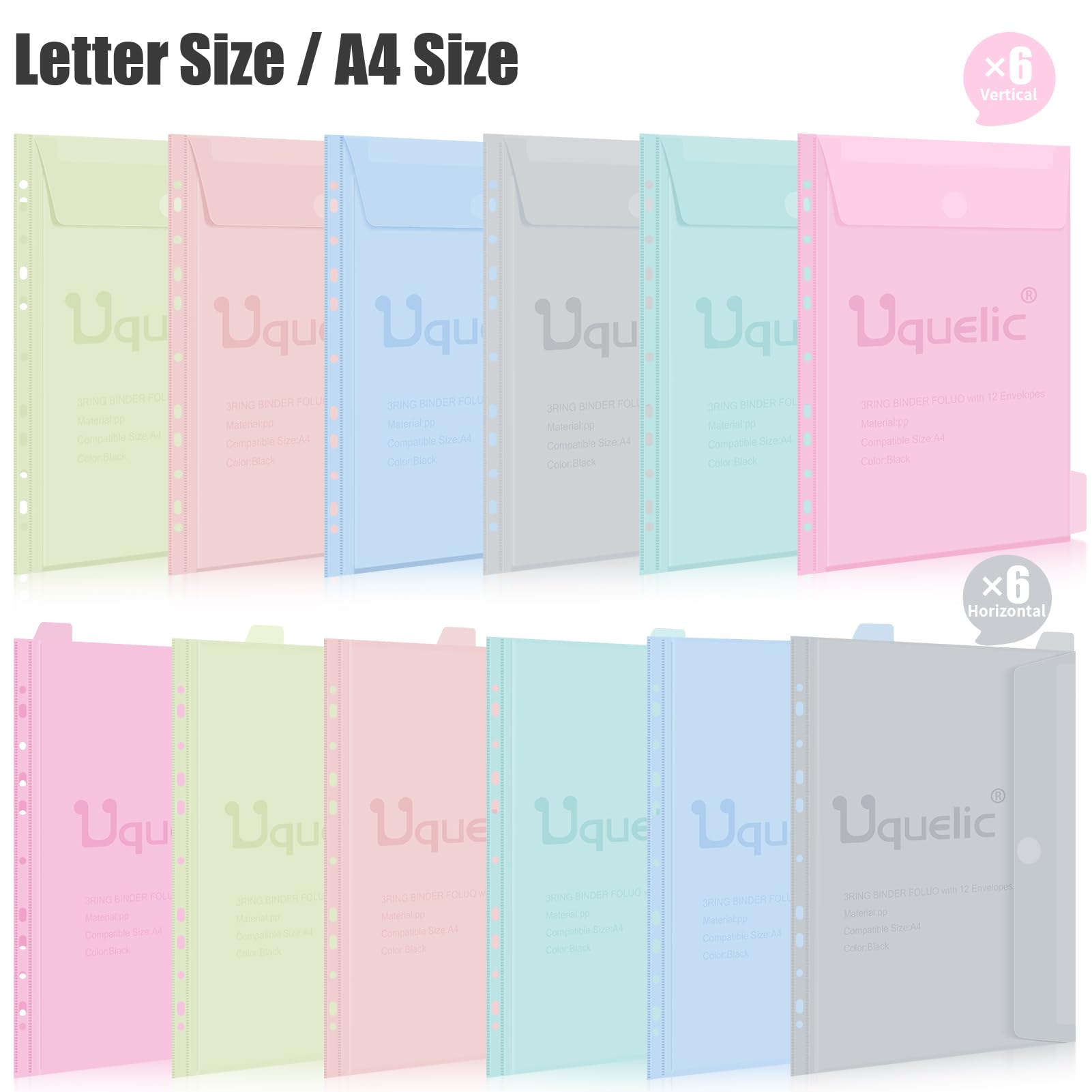 Uquelic Classeur avec Pochettes Perforées pour Documents Format A4 - Pochette Plastique, Trieur Document Pochette Plastique A4 avec Rabat - Maison/Bureau (Transparents Macarons)