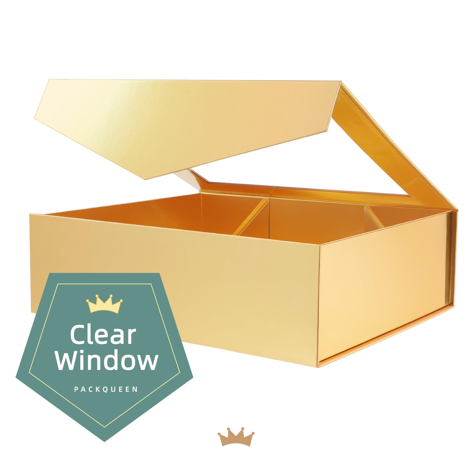 PACKQUEEN 5 extra große goldene Geschenkboxen mit Fenster, 41 x 36 x 12 cm, transparente Geschenkboxen für Geschenke enthalten Bänder, Karten, Brautjungfernantragsboxen mit magnetischen Deckeln