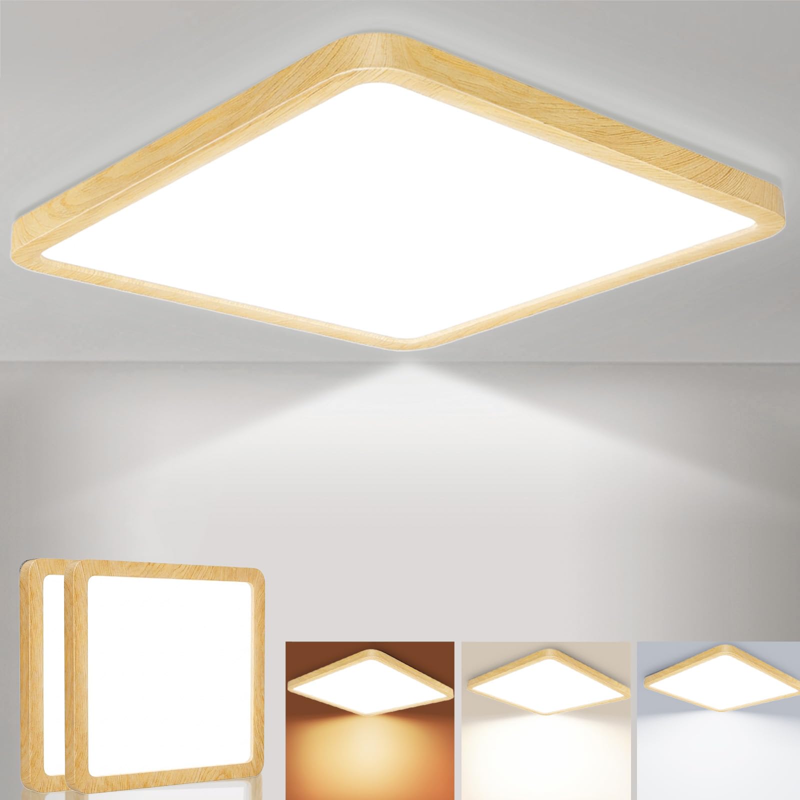 Fynokst 29CM LED Ceiling Light 24W 3200LM, 3000K/4000K/6500K 3 Color Temperature, IP54 Waterproof Bathroom Light, Modern Square LED Ceiling Light for Bedroom, Kitchen, Hallway, Wood Grain 2Pack