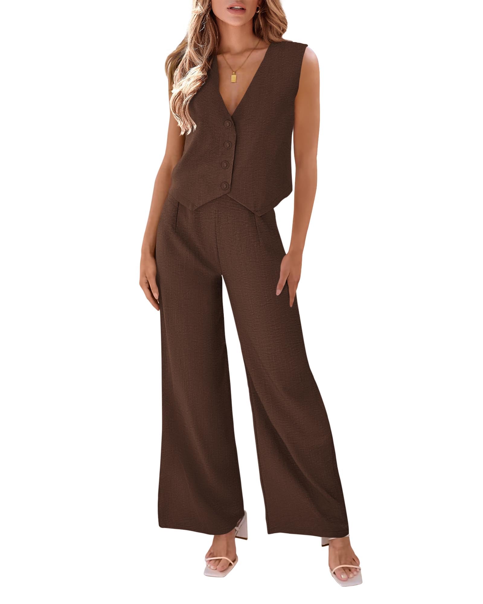 KIRUNDOWomens Two Piece Outfits Summer Fashion Button V Neck Crop Vest Blazer and Wide Leg Pants Suit Matching Sets