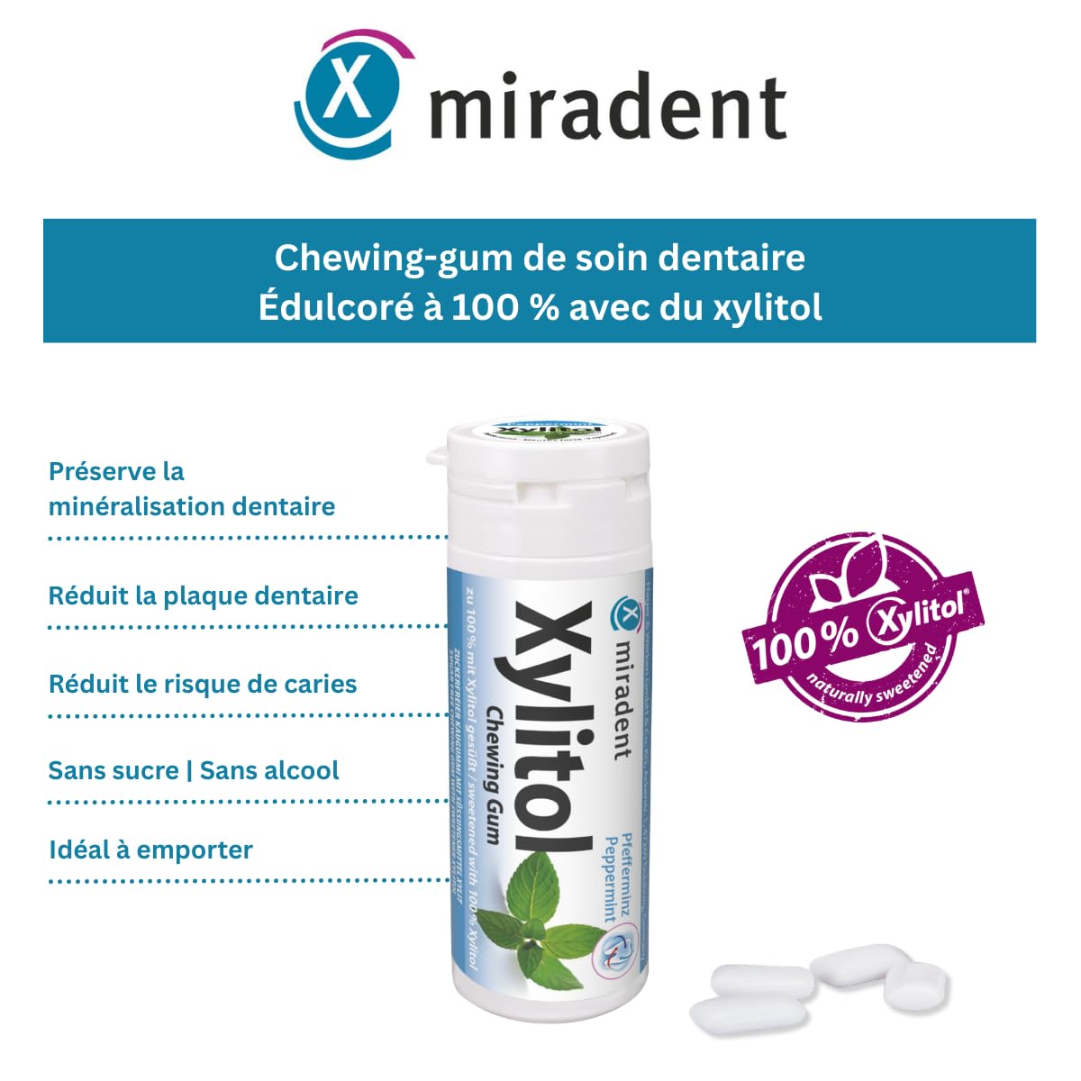 miradent Chewing-gum dentaire au xylitol Menthe poivrée | 12 pcs | goût frais | sans sucre | vegan | préventif caries | pratique à emporter