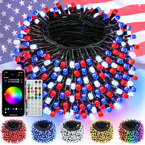 240LED Smart 4th of July String Lights App Controlled, 95FT Waterproof Red White and Blue Lights...