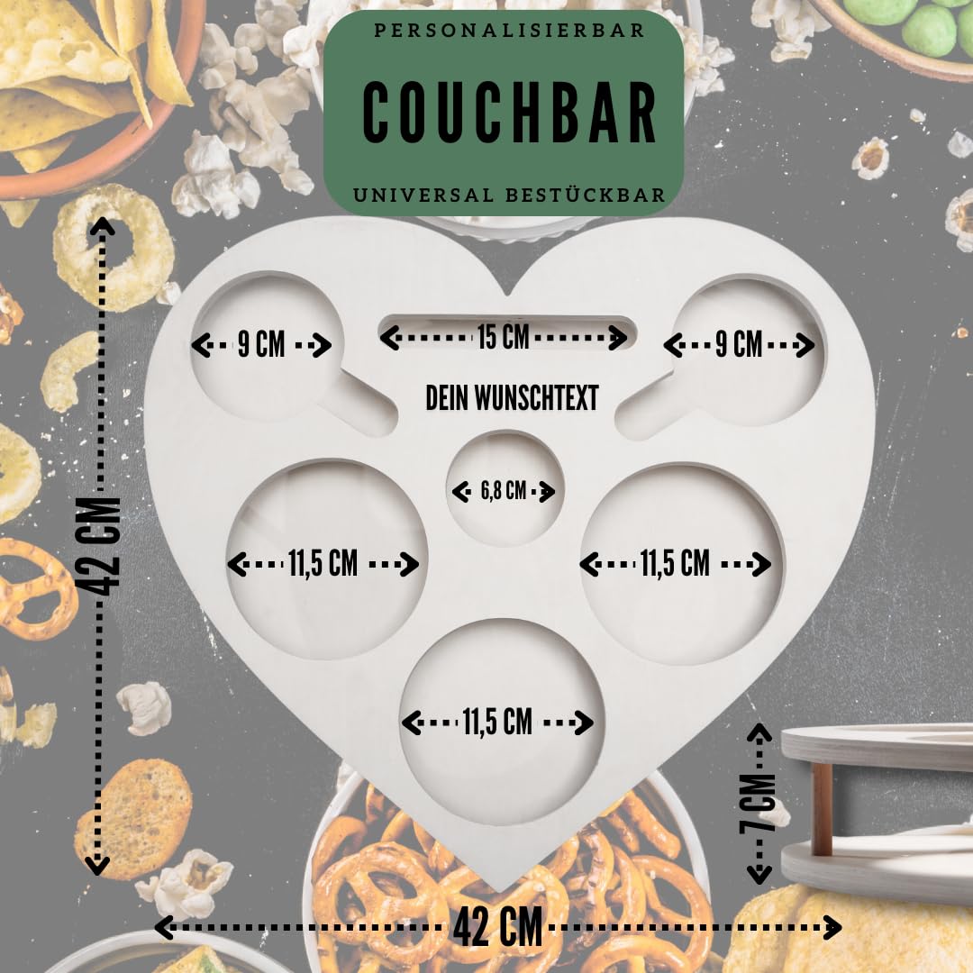 Herz personalisierte Couchbar in Weiß - Couch Bar Snackbar - Snackbox mit 4 Glasschalen - Getränkehalter für das Sofa -Sofatablett für Snacks & Getränke