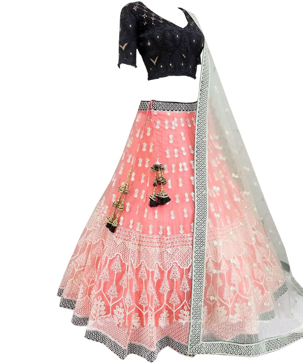 Bollyclues Women's Net Embroidered Semi-Stitched Lehenga Choli(Green-Rani_Green_Free Size), Dark Green, One Size