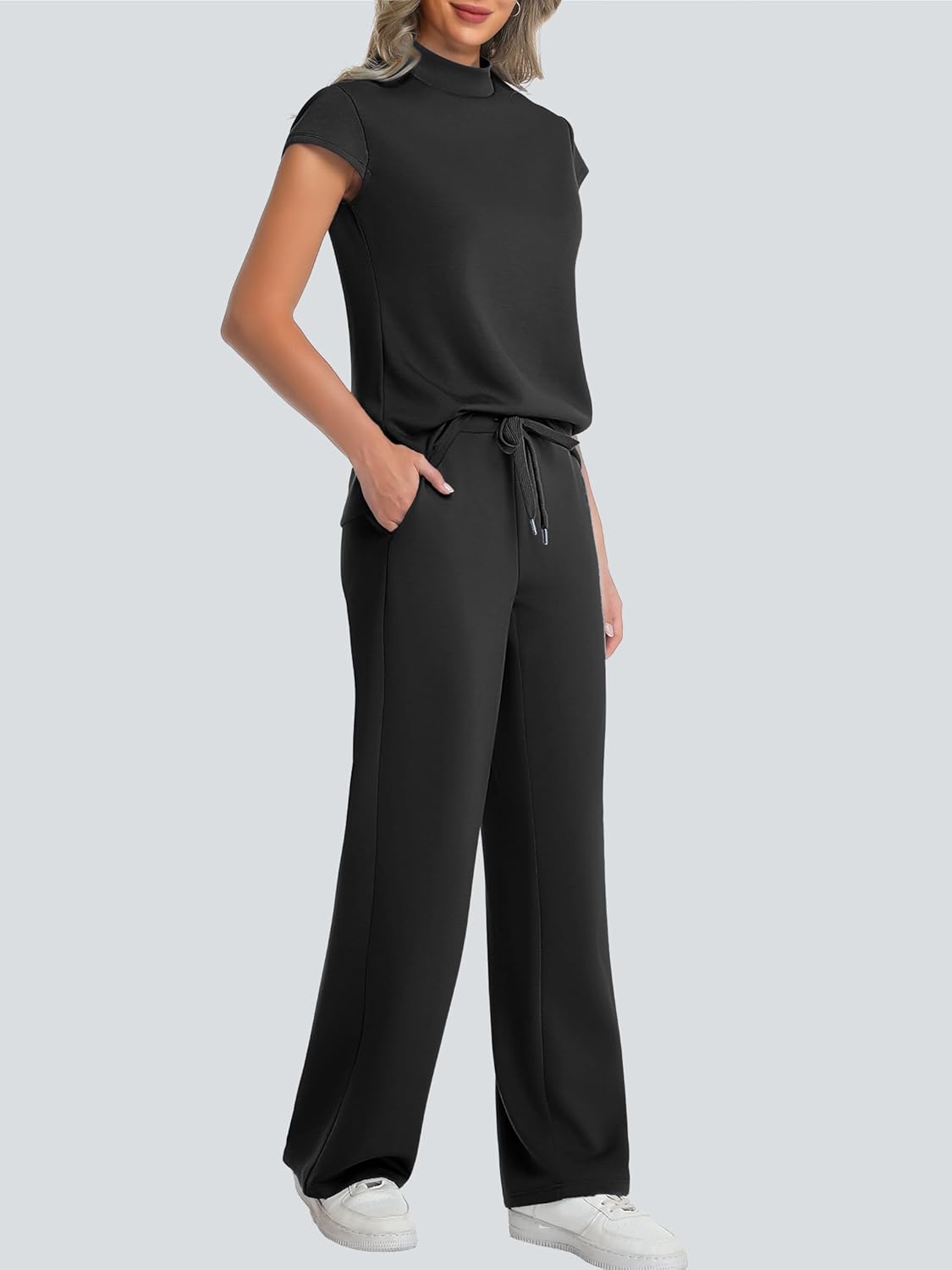 Casly Lamiit Two Piece Sets for Women 2026 Summer Travel Outfits Mock Neck Cap Sleeve Tops Lounge Set Wide Leg Pants - Image 4