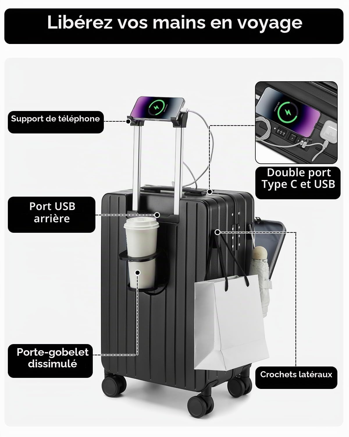 Sea choice Valise Rigide PC Légère avec Compartiment pour Ordinateur Portable Bagage à Main Trolley avec 4 roulettes Doubles Pivotantes et Serrure TSA Chargement USB, Porte-gobelet