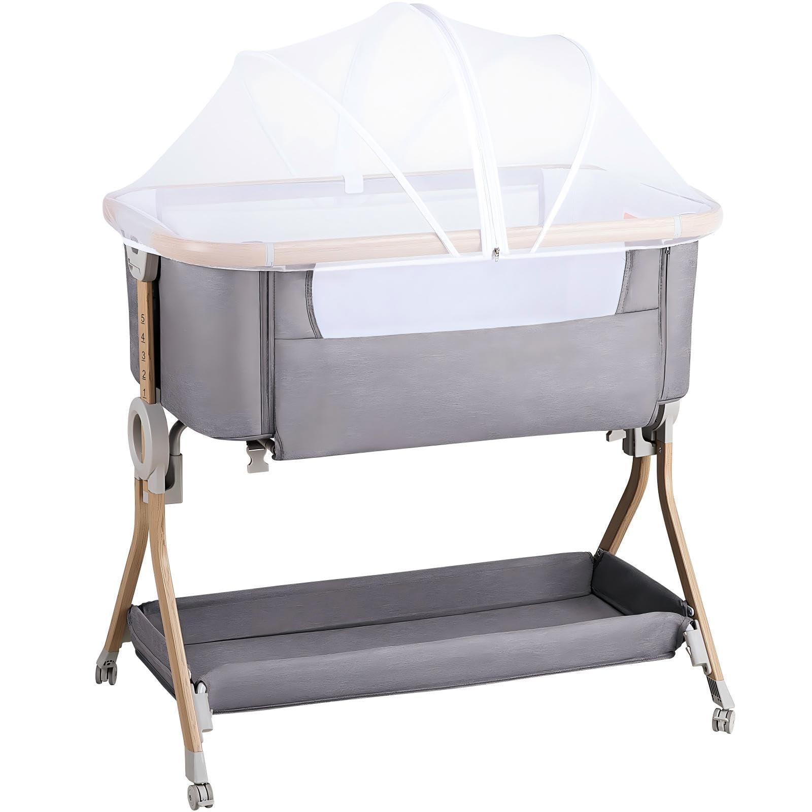 Larex Beistellbett Baby,3 in 1 Babybett mit Moskitonetz,Aufbewahrungstasche & Korb,5-stufig Höhenverstellbares Babybett,4 Räder mit Bremse,atmungsfreundliche Matratze & Mesh (Dunkelgrau)