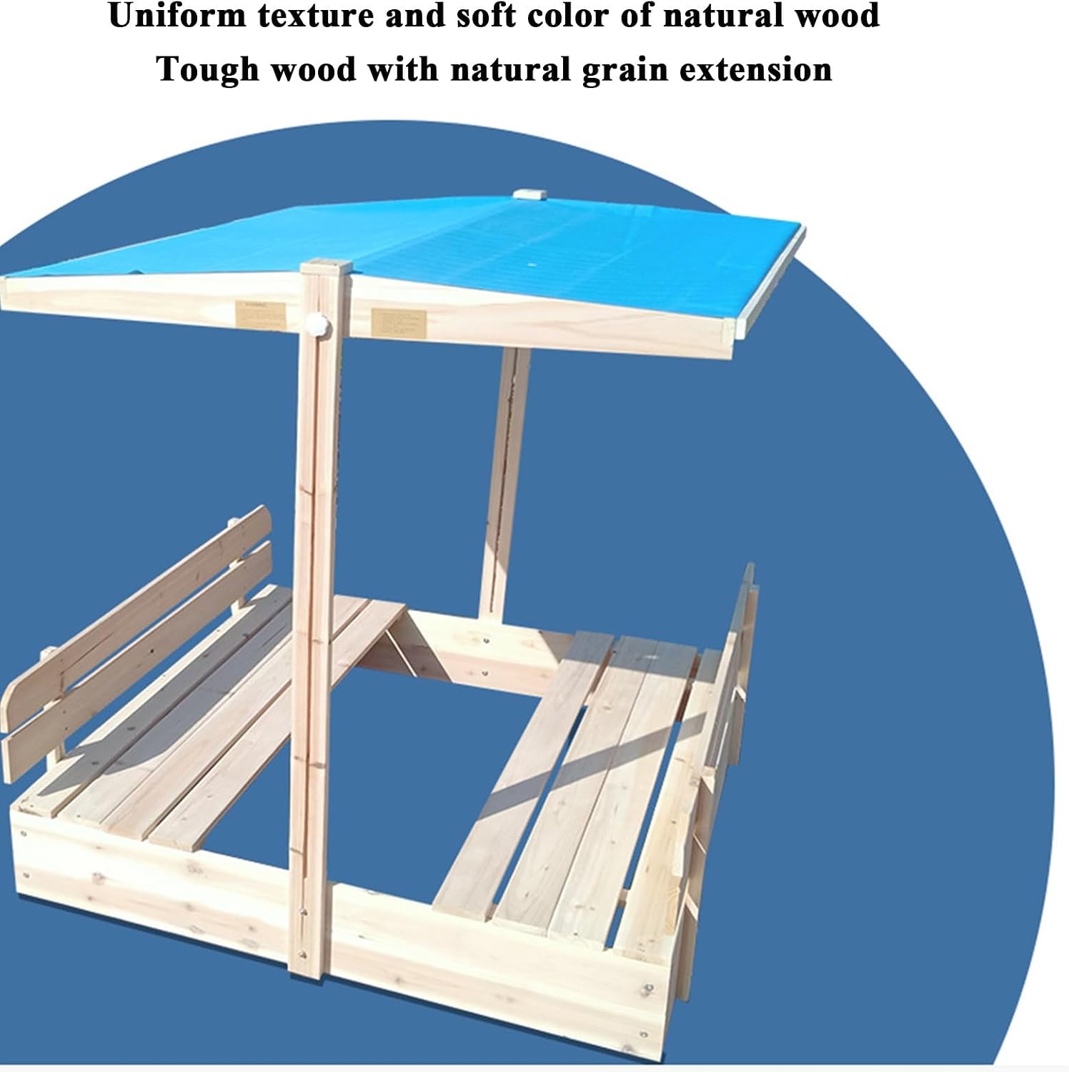Wooden Fence Sandbox with Canopy, Height Angle Adjustable with Rotatable, 2 Foldable Bench, Light and Rain Blocking Children's Play Equipment Kindergarten Sandpit