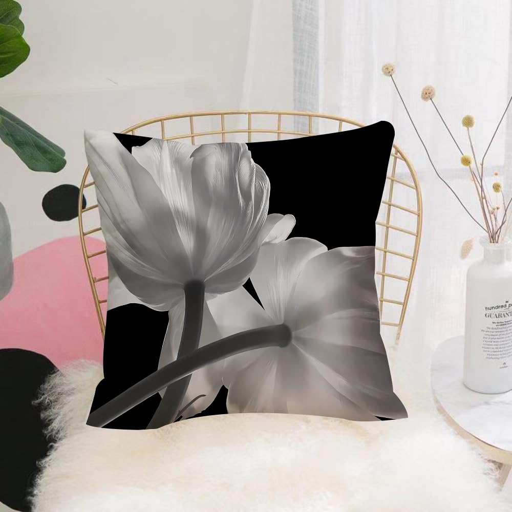 HYMSXW Cushion Cover,Throw Pillow Case Home Decorative for Living Room Bedroom Sofa Chair 20X20 Inch,Floral image, two white tulips, on black background,Pillowcase 50X50cm