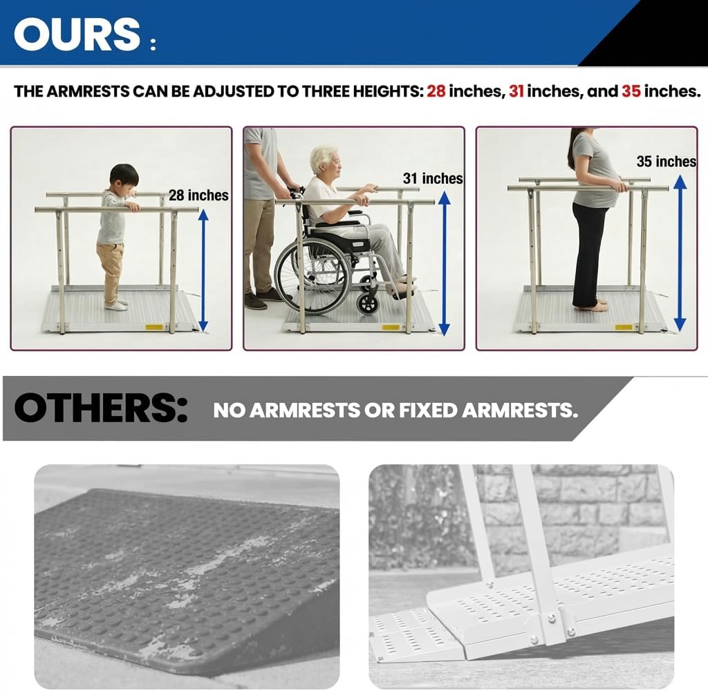 Adjustable Height Aluminum Wheelchair Ramp with Handrails for 5-12" Rise, 600 Lbs Handicap Ramp, Portable Wheelchair Ramp for Home Steps, Stairs, Doorways, Curbs, Waterproof & Rust-Proof, 38'L x 35"W