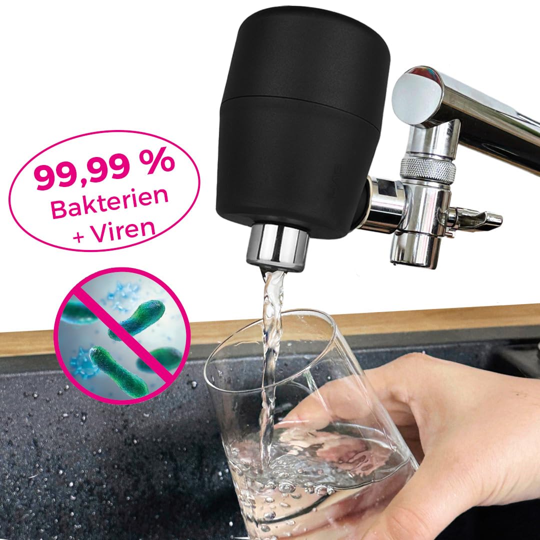 rivaALVA-S Jova EM Wasserhahnfilter schwarz - Trinkwasserfilter mit Blockaktivkohle, Virenmembran und EM-Keramik - 2in1 Filterung und Vitalisierung