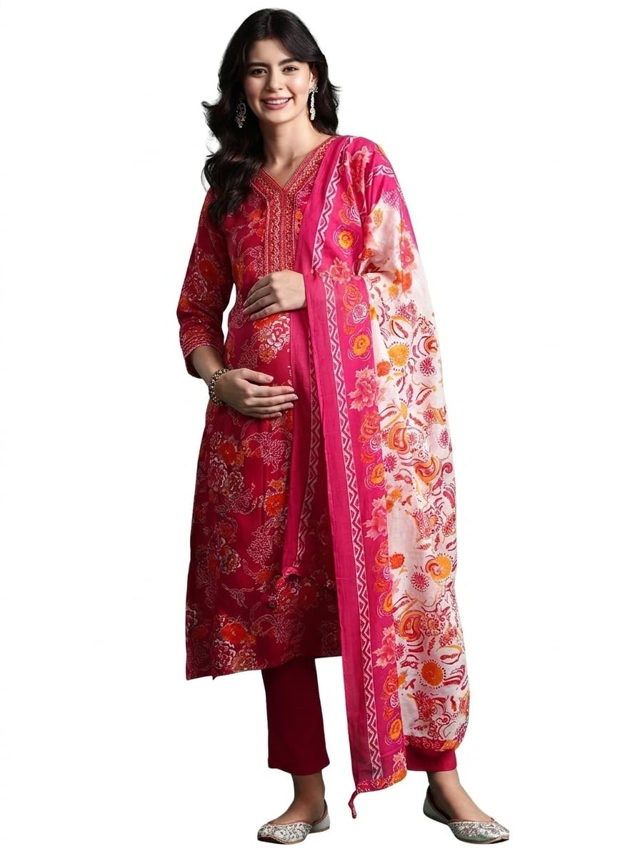 assume fab Women Viscose Rayon Embroidery V Neck Maternity and Feeding Zip Kurti Pant and Dupatta-picture-25