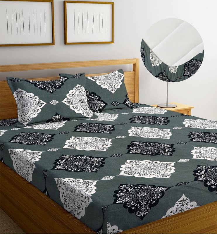 Image of la'amour 100% Cotton Elastic Fitted Bedsheets with 2 King Size Pillow Covers Double Bed with All Around Elastic Supersoft Size - 72 King Sizex78+10 inches Grey and Black 200 tc - 220 tc