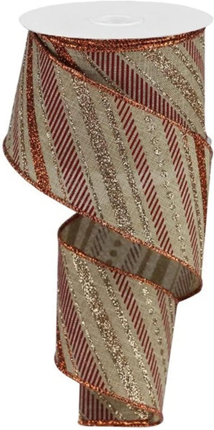 Beige Copper Burgundy Multi Diagonal Stripe Wired Ribbon
