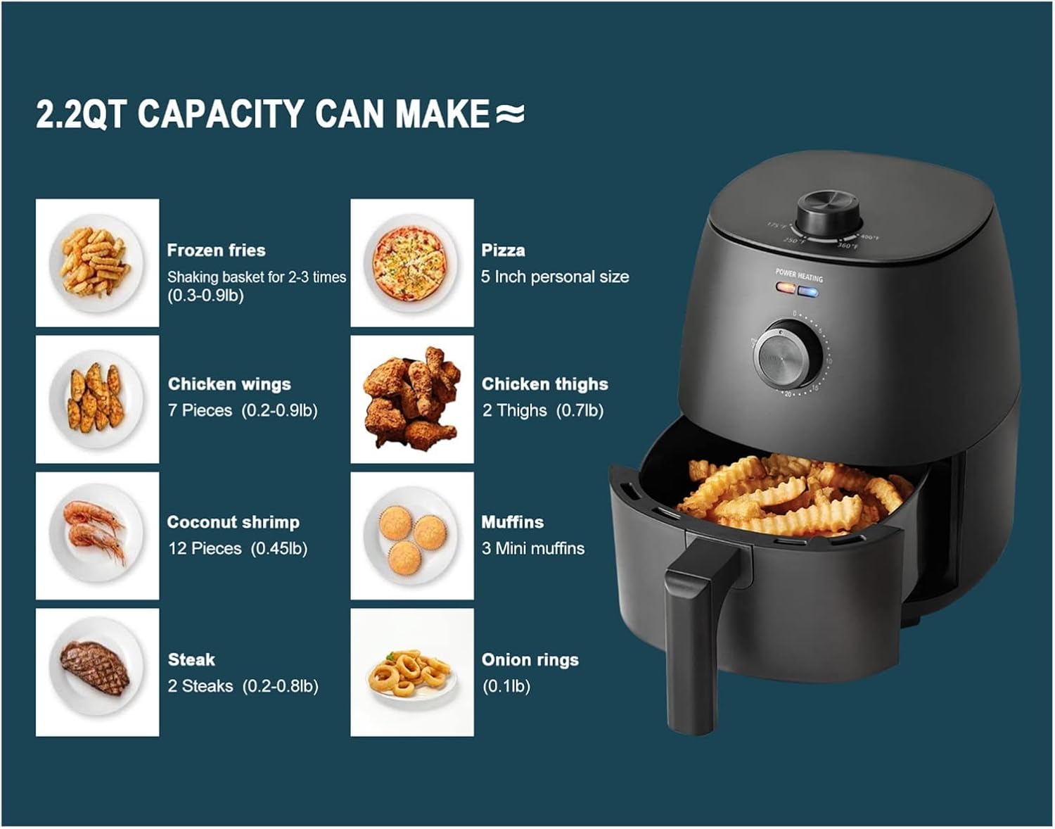 2.2 Quart Capacity Air Fryer,Non-Stick, Dishwasher Safe Basket,1150W,Black