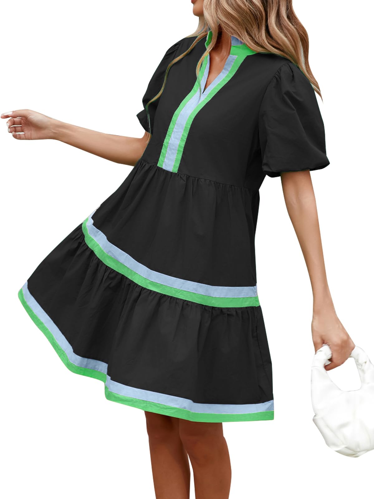 LifeShe Womens Puff Sleeve Babydoll Dress V Neck Navy Blue Striped Color Block Tiered Mini Dresses Black Medium