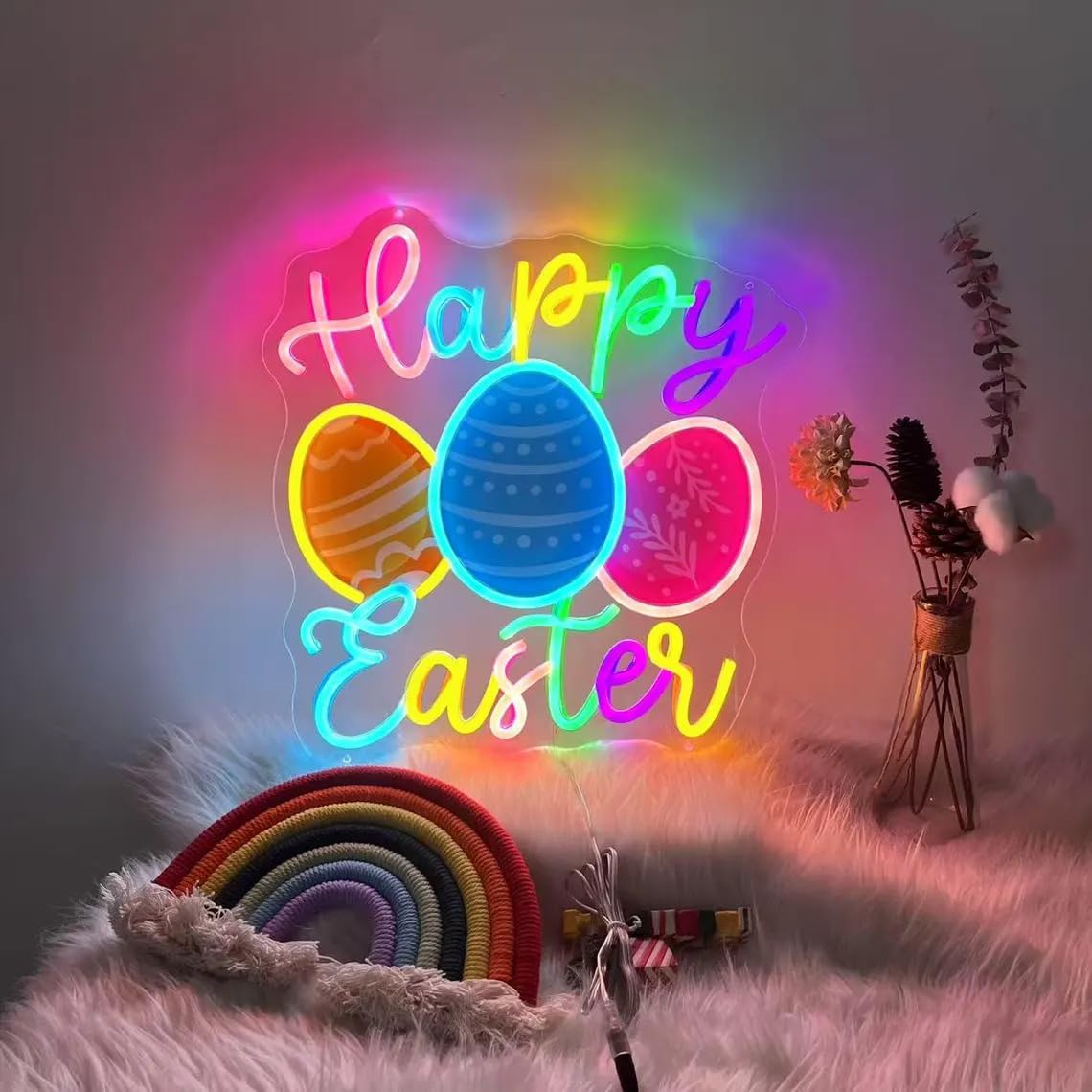 Happy Easter Neon Sign, LED Bunny Eggs Neon Lights for Wall Decor, Spring Front Yard Sign, Party Decor for Easter Morning Surprises, Church Events, Basket Gifts for Kids, Family, Friends