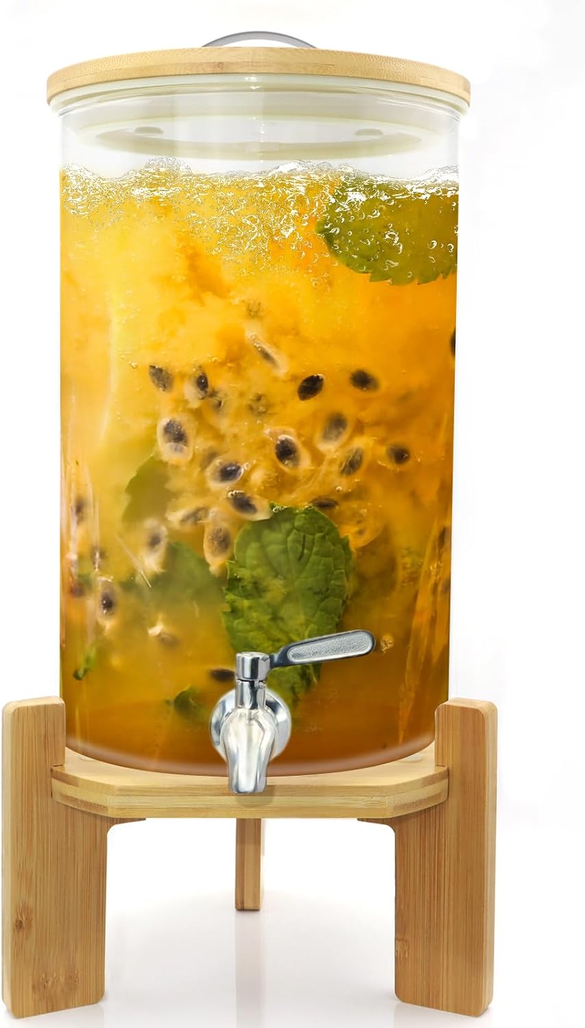 Glass Drink Dispenser with Stand,2.1 Gallons Wood Stand Cold Beverage Dispensers-Large Drink Dispensers For Parties,Bars,Restaurants 2.1 Gallon ?8L?