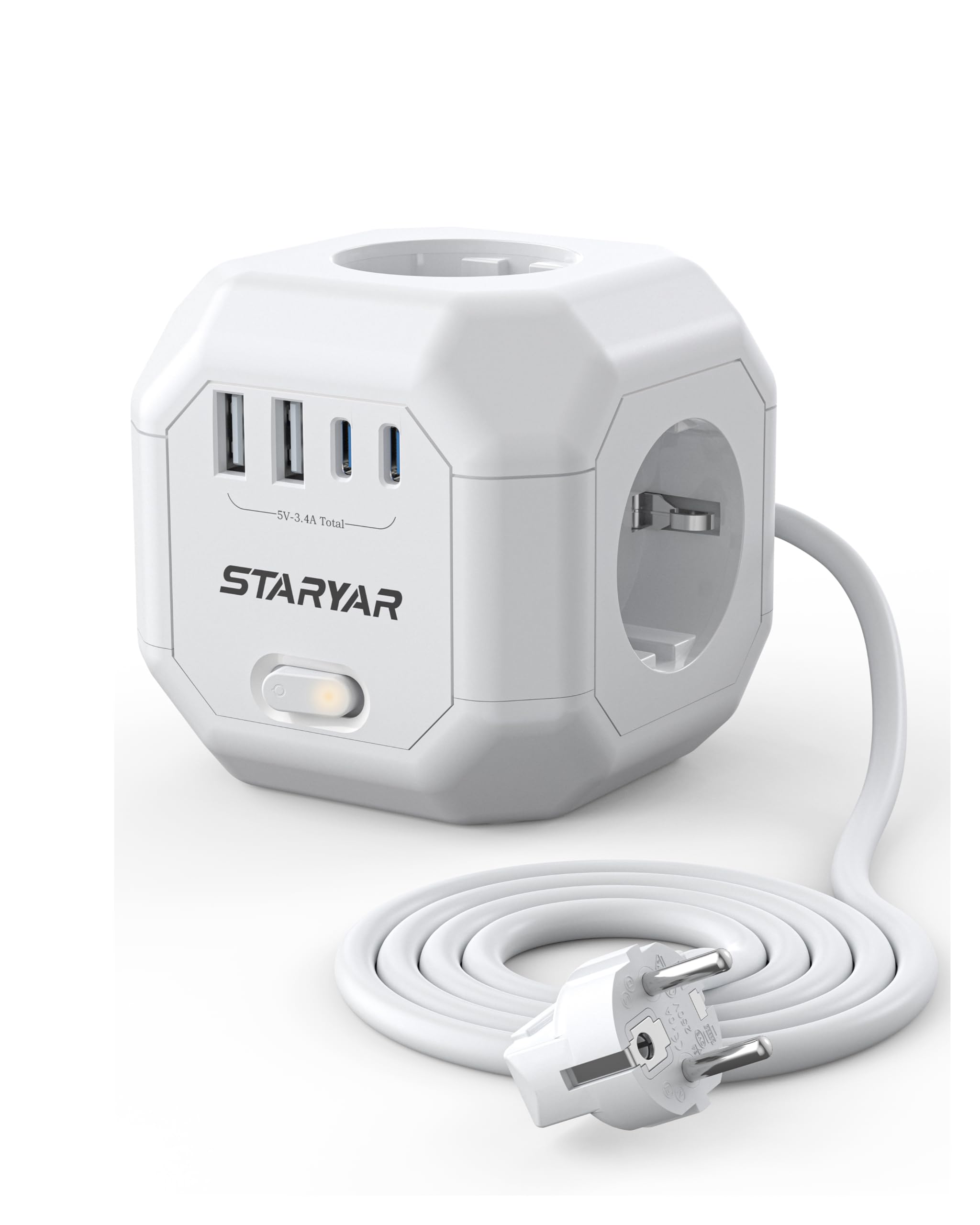 4 Fach Steckdosenleiste Würfel mit USB 4000W/16A mehrfachsteckdose Würfel, Steckdosenwürfel 2M Verlängerungskabel, Mehrfachstecker Power Cube mit Schalter, Steckdose Cube Steckdosenadapter für Büro
