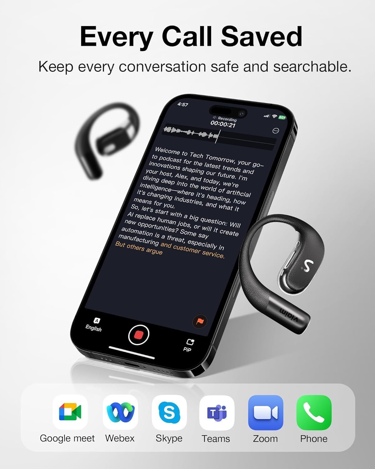 A smartphone screen displaying a transcribed conversation, with icons for Google Meet, Webex, Skype, Teams, Zoom, and Phone at the bottom, indicating compatibility.