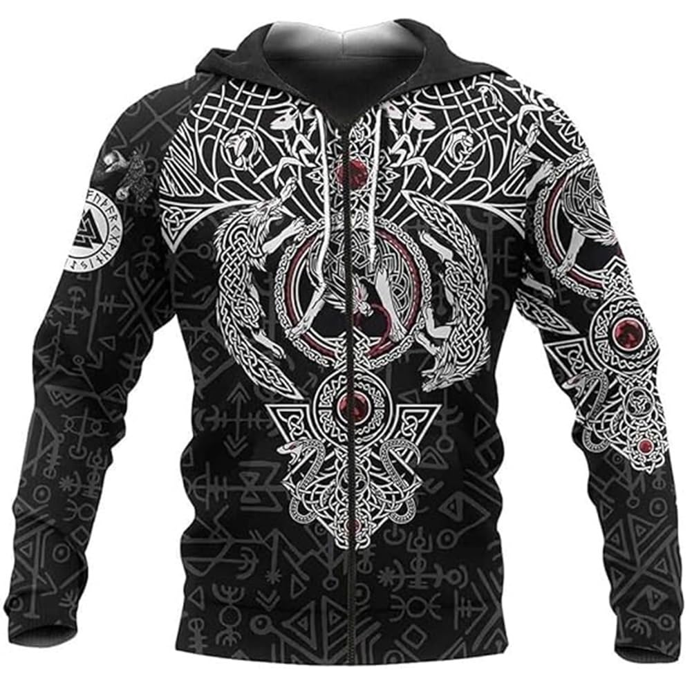 Men's Viking Armor Totem Hoodie,Medieval Valhalla Nordic Celtic Wolf 3D Rune Tattoo Print Pagan Zipper Jacket(Viking C,XL)