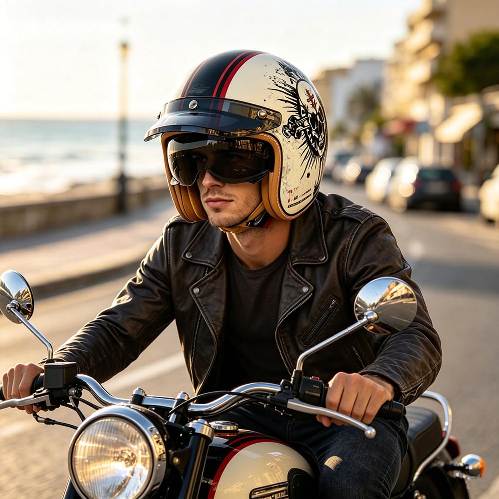 Vintage Jet Helm mit Visier, ECE/DOT genehmigt Motorrad Crash Jet Helm, Motorrad Open Face Helm, für Männer Frauen Road Legal, Retro 3/4 Open Face Design