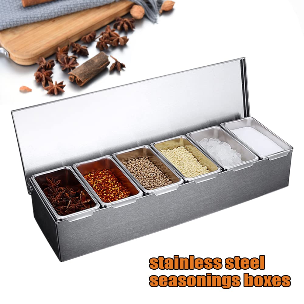 Contenitore per ingredienti con 6 inserti per spezie, in acciaio inox, con coperchio