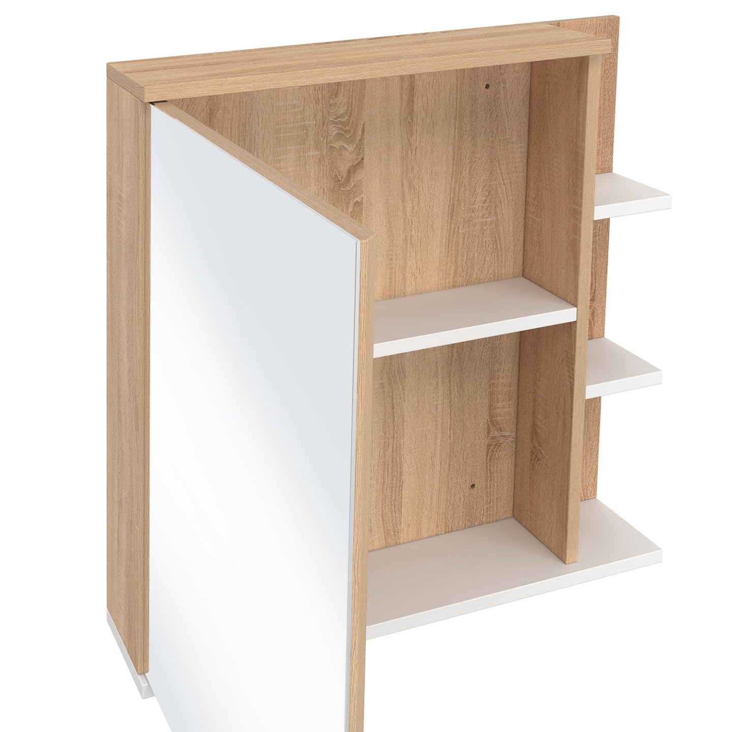 IDMarket - Meuble de Rangement Suspendu avec Miroir et étagères pour Salle de Bain TOMI façon hêtre et Blanc