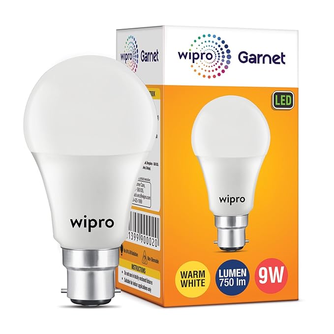 wipro Garnet 9W LED Bulb for Home & Office |Warm White (2700K) | B22 Base|220 Degree Light Coverage |4Kv Surge Protection |400V High Voltage Protection |Energy Efficient | Pack of 1