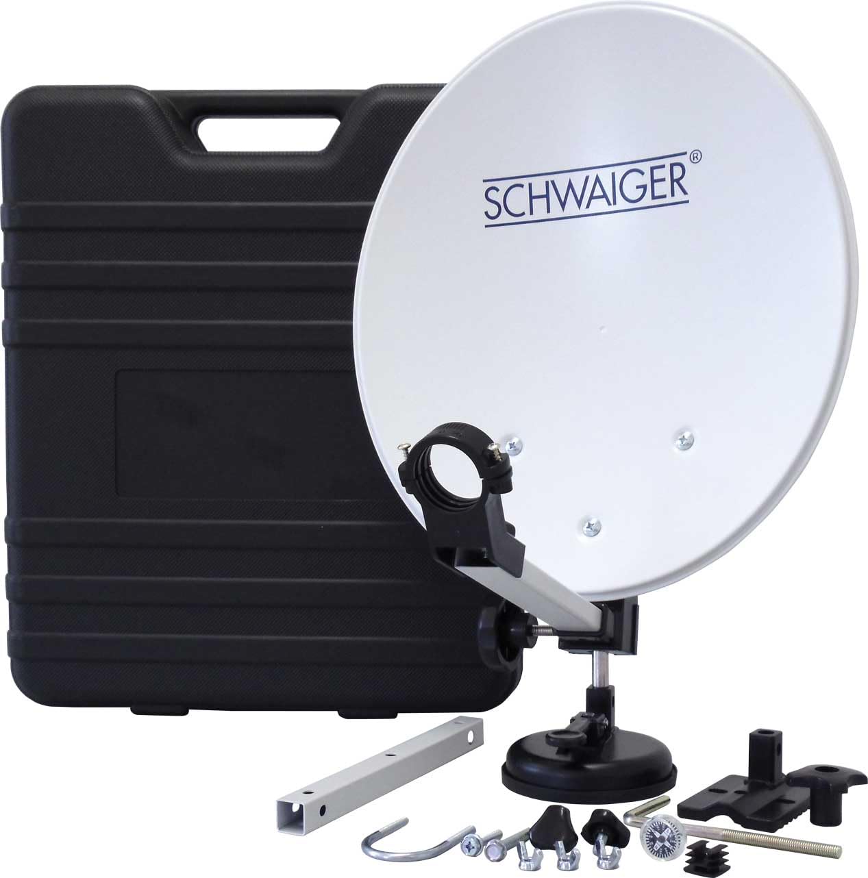 SCHWAIGER SAT-Camping Set I Satellitenanlage Komplettset I 35 cm Stahl Offset Antenne, Single LNB, 10 m Koaxialkabel, F, Transportkoffer & Montagematerial I Mobile SAT-Anlage