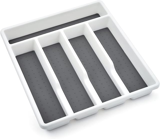 Joyfair Cutlery Tray, Plastic Drawer Organiser/Divider, 5 Compartments Utensil Tray, Heavy Gauge Silverware Holder, Kitchen/Office/Accessories, Anti-Slip Soft Base, White & Grey - 32.6x29cm