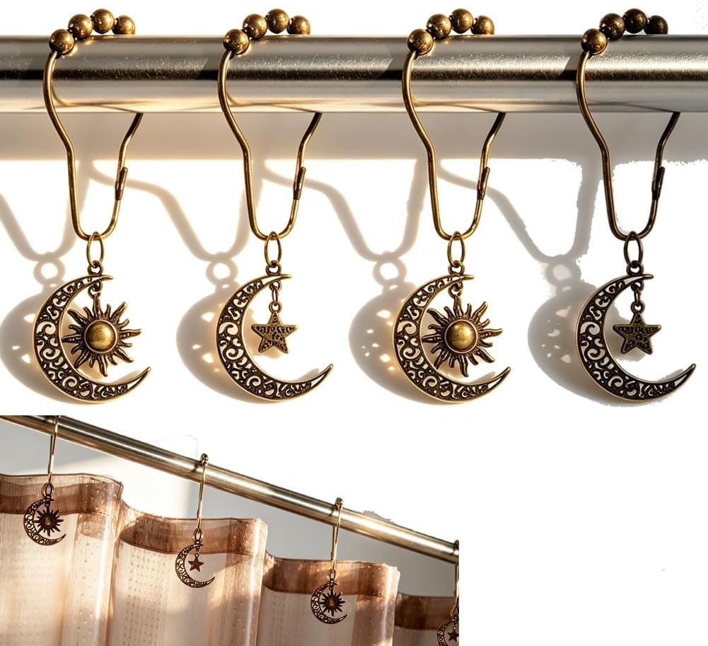 Decorative Shower Curtain Hooks Rings Set of 12 with Stars Moon Sun Pendant for Celestial Bathroom Decor, Primitive Western Witch Themed Bathroom Decor, Rust Proof Stainless Steel (Silver)
