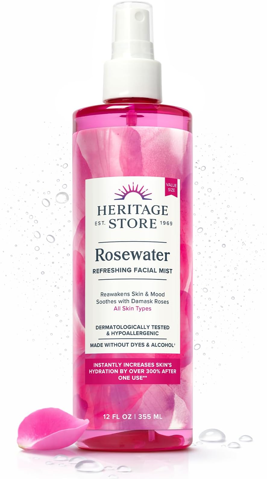 HERITAGE STORE Rosewater - Refreshing Face Mist with Damask Rose, All Skin Types - Hydrating Rose Water Spray for Glowing Skin Care - No Dyes or Alcohol, Hypoallergenic, Vegan, 60-Day Guarantee, 12oz