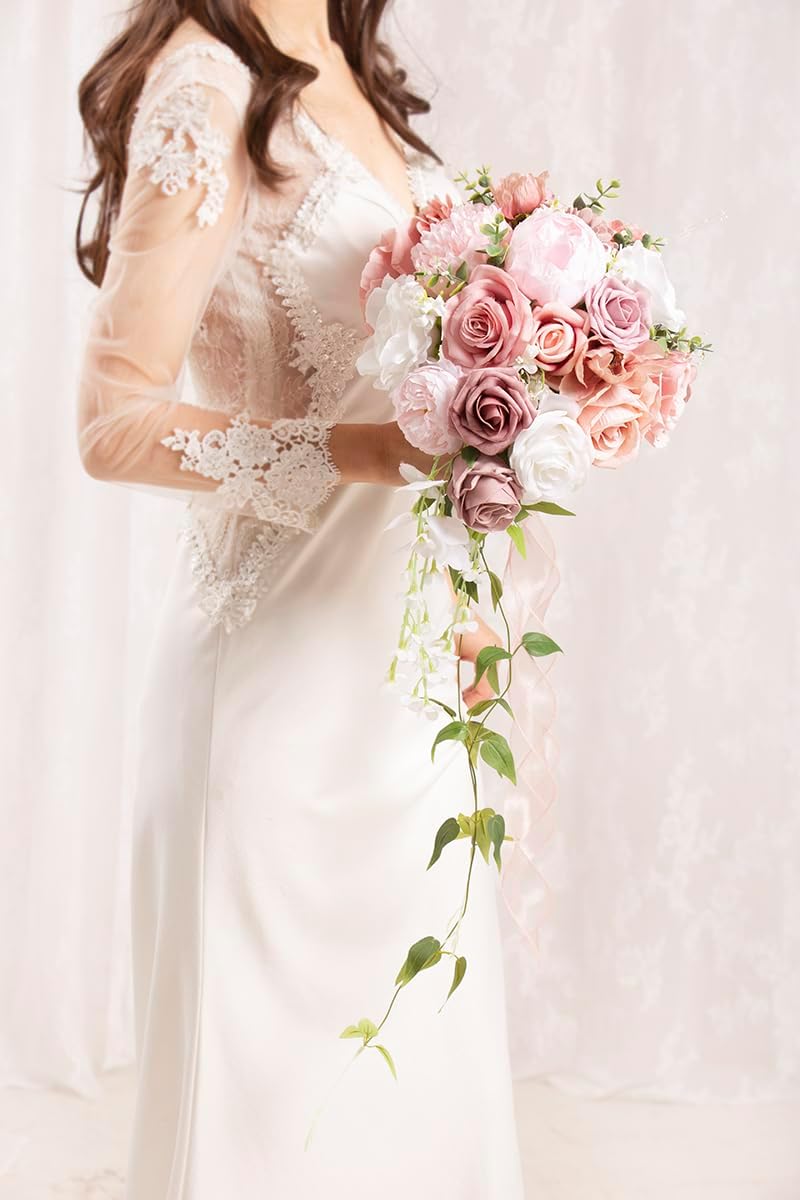 Bridal Bouquet Cascading, Dusty Rose Wedding Bouquets for Bride Bridesmaid 10" Artificial Flowers Bouquet for Wedding Decor