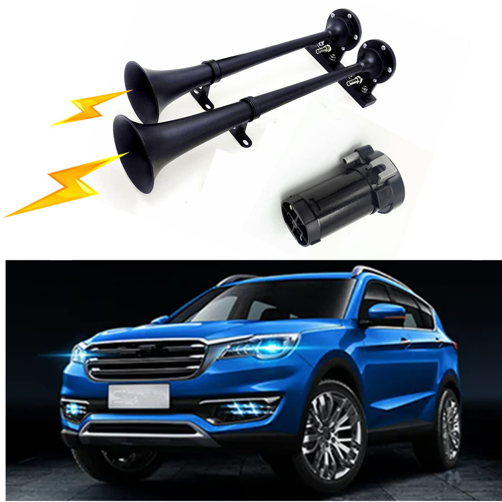 clacson per auto 160db clacson per camion 12V nero zinco cromato doppio tubo tromba clacson elettrico clacson di allarme con pompa d'aria compressore Car Horn per 12V auto barca SUV moto ecc