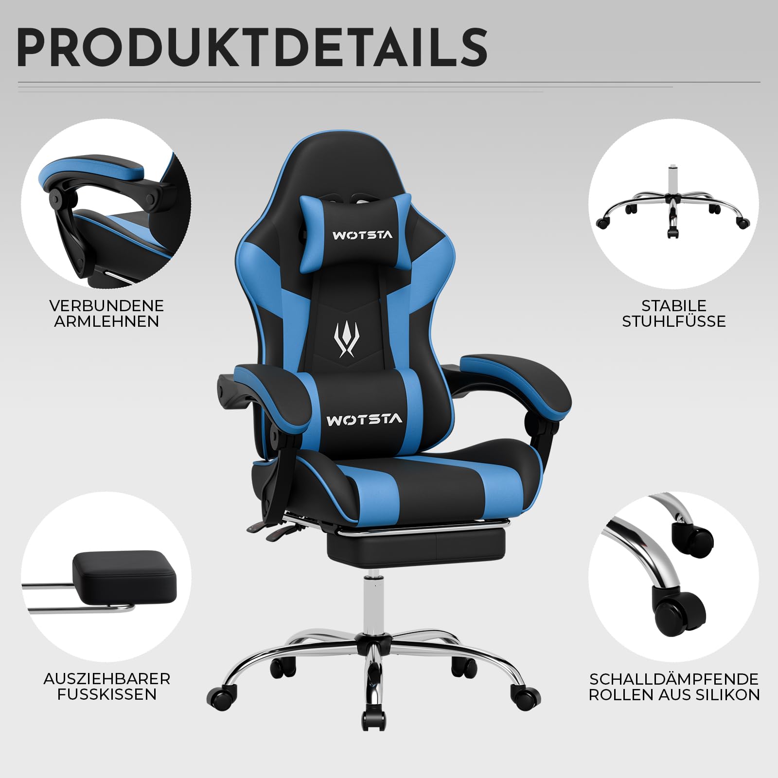 Gaming Stuhl, ergonomiischer Bürostuhl, höhenverstellbar Gamer Chair mit ausziehbarer Fußstütze, Computerstuhl mit Lendenstütze, Gaming Sessel 135°
