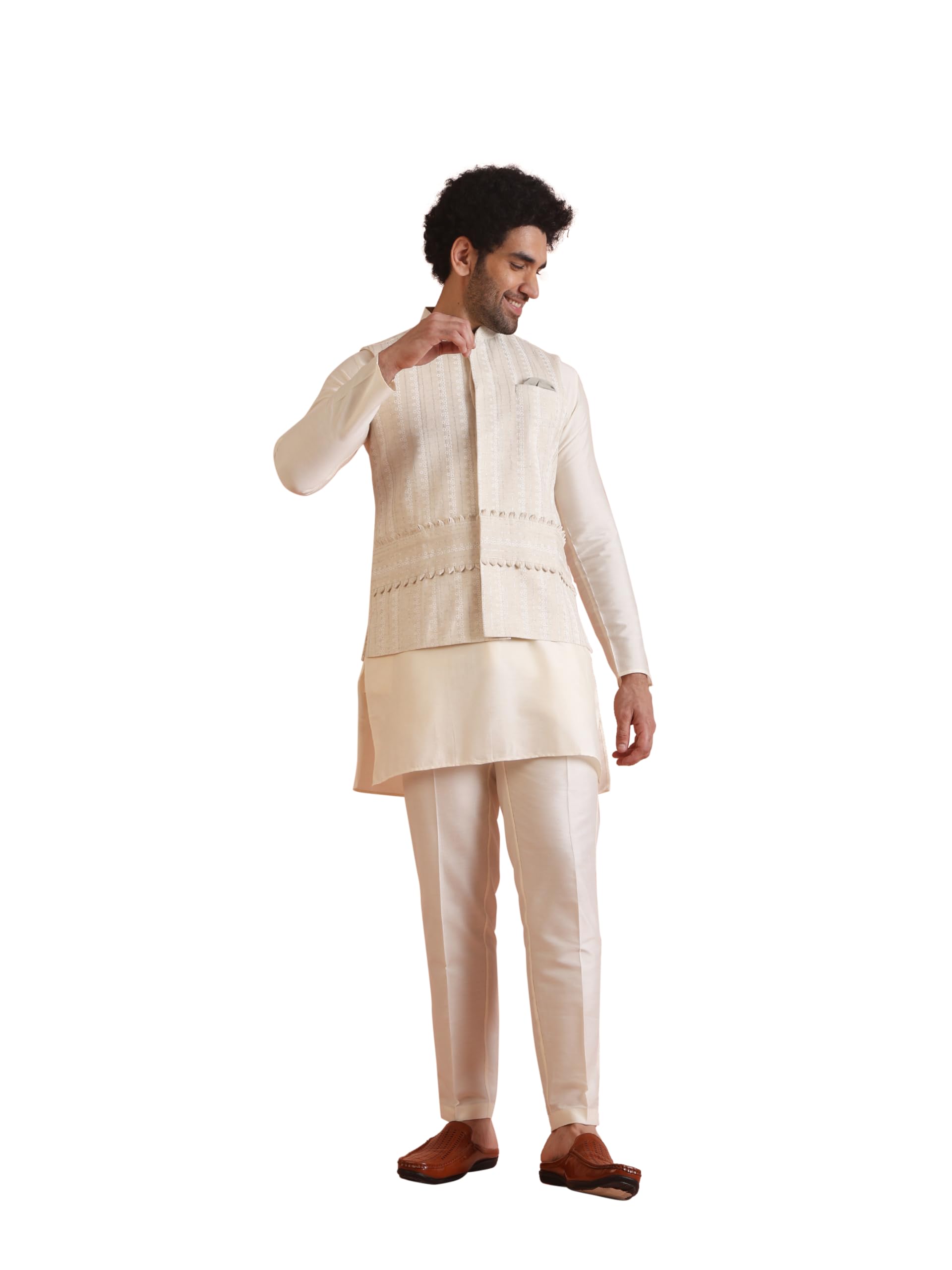 kisah Men's Kurta Jacket Trouser Set, Beige Cotton Blend, Printed Regular Fit Mandarin Collar Long Sleeves-picture-41